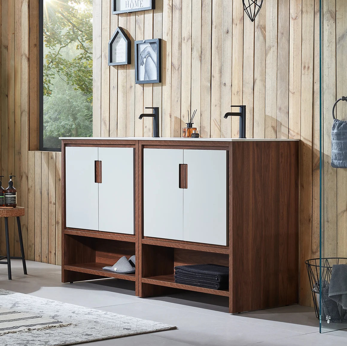 Tomesia 60" Veneer Plywood Bathroom Vanity with Engineered Stone Top, Beige/Walnut, White