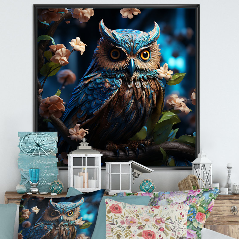 Blue Owls Moonlight Realm III sur toile, Cadre flottant noir, H 16 po x l 16 po x P 1 po