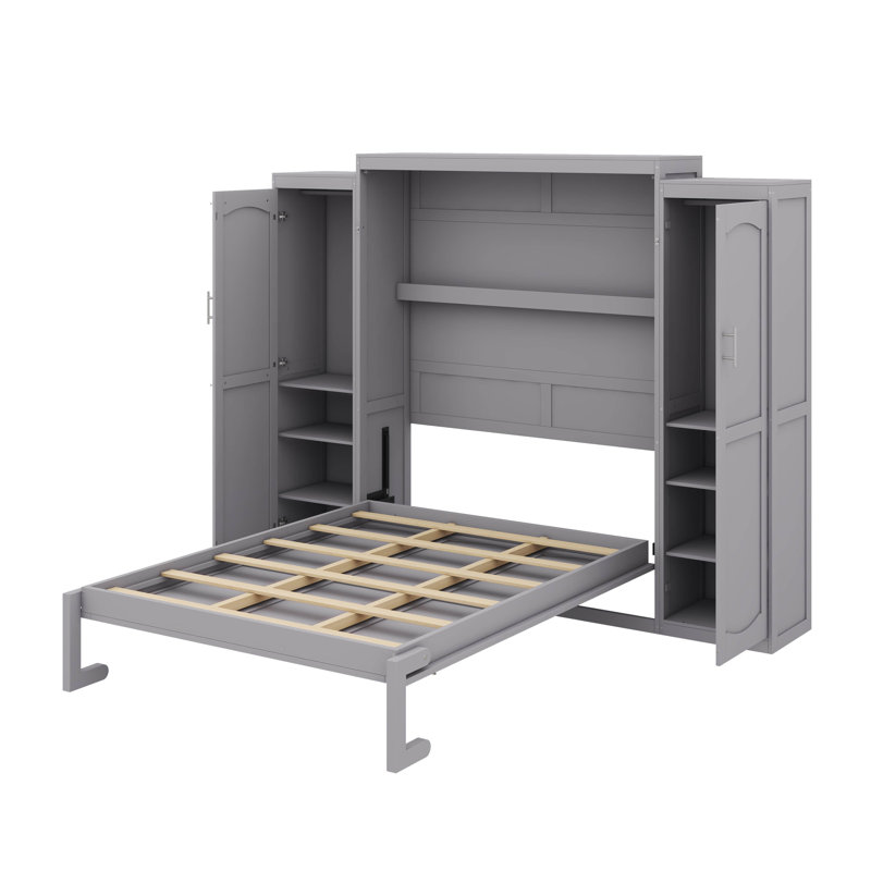 Lit escamotable peu encombrant avec garde-robes doubles et tablette de rangement pratique, Gris, Lit double