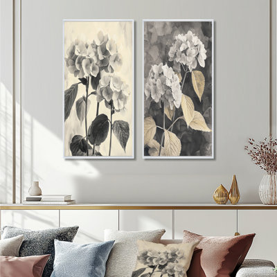 Hortensias rétro en hiver «Highlight I» - collection d'art mural floral 2 pièces