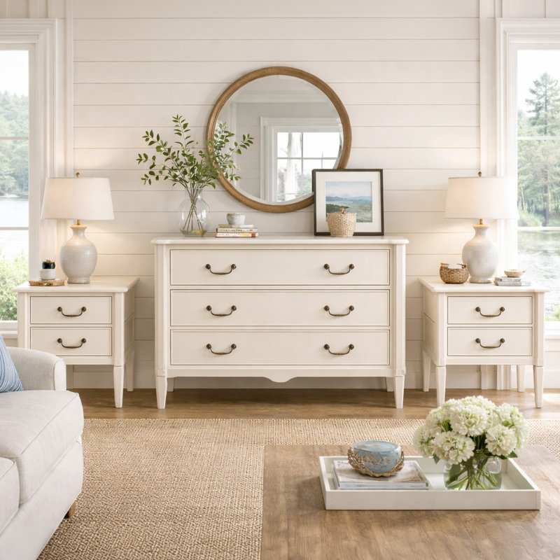  Tables de bout traditionnelles Oxford avec tiroirs et commode assortie, antique, Beige