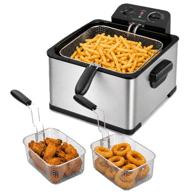Magnavox 4.8 Quart / 4.5 Litre Deep Fryer with 3 Frying Baskets, 1800 Watt Electric Deep Fryer with Adjustable Temperature and Timer, Silver 