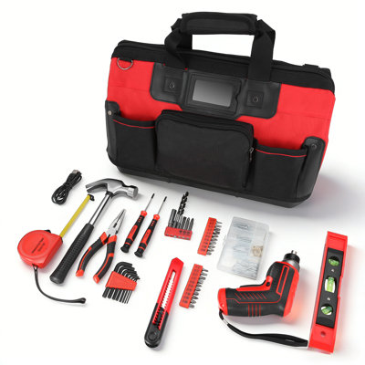 Organisateur de sac à outils en toile à large ouverture, rangement multi-compartiments avec poches, poignée rembourrée pour les professionnels et les bricoleurs