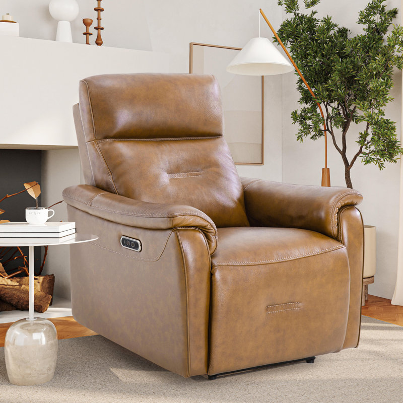 Jeramyah 30.25" Wide Modern Genuine Leather Power Recliner with USB Port, Small Reclining Chairs, Brown