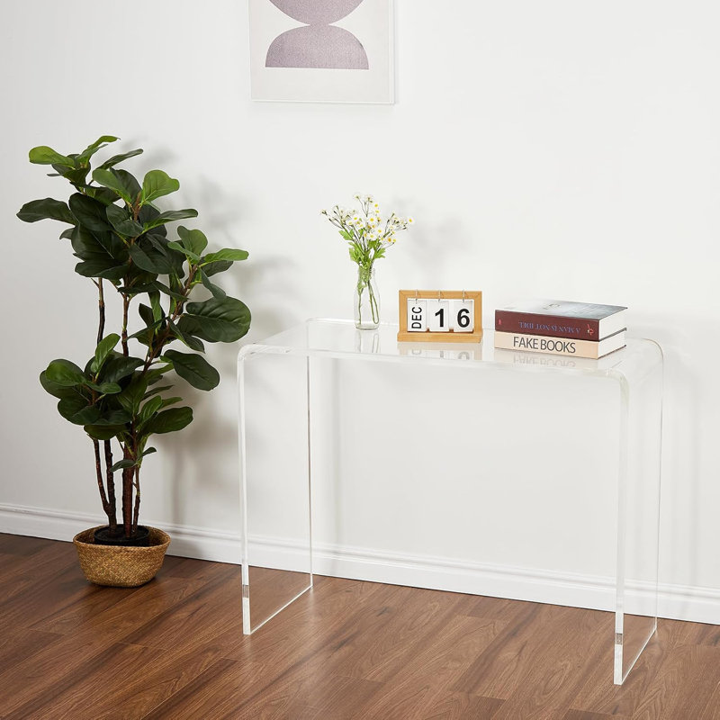 Console étroite en acrylique pour hall d'entrée - 38 po x 15 po x 29 po en acrylique transparent avec pieds carrés, conception mince pour canapé, vestibule, couloir