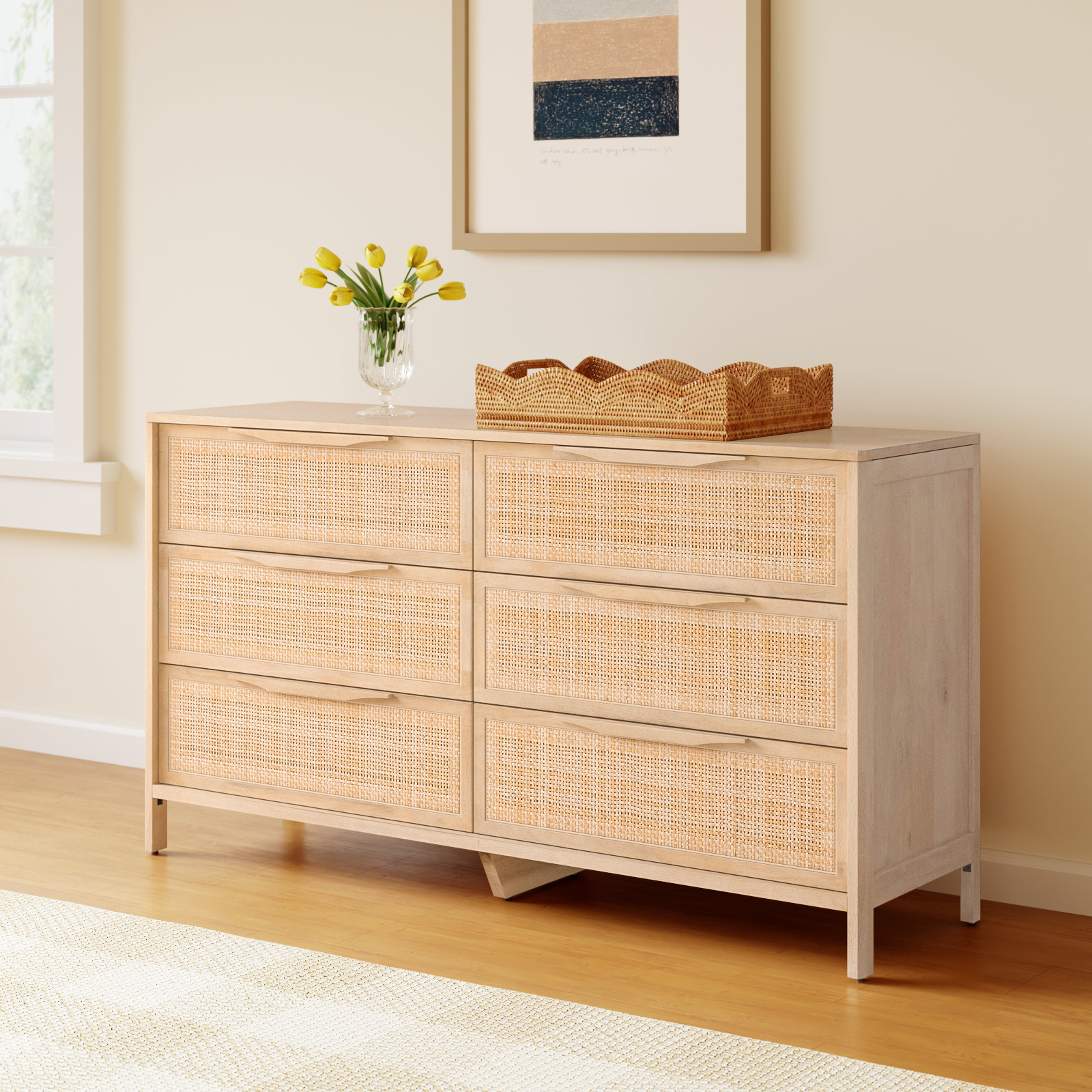 Nellie 6 Drawer Cane Dresser, Beige