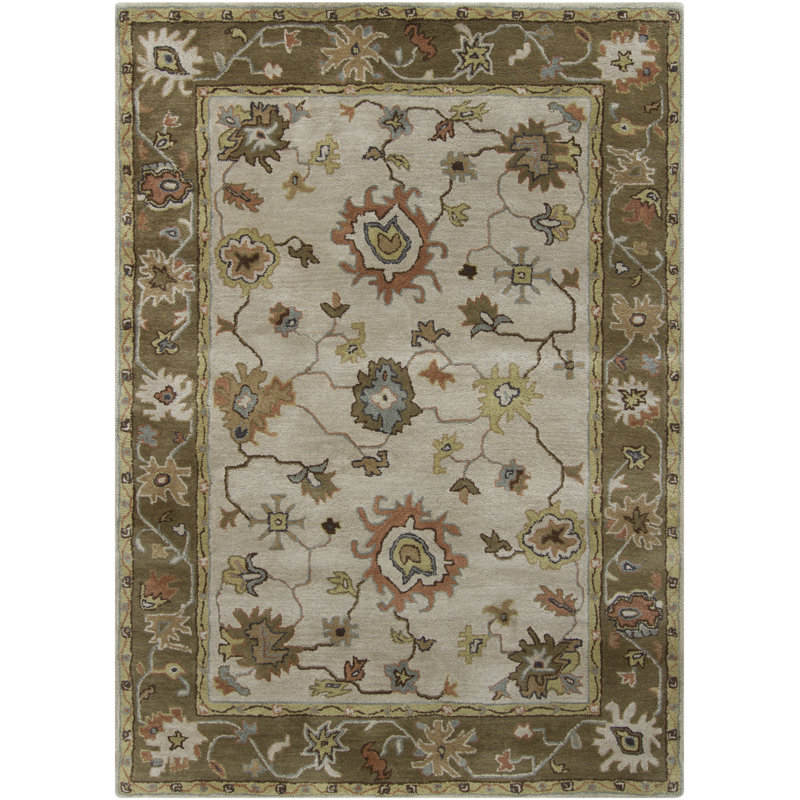 Tapis Oushak traditionnel en laine touffeté à la main crème, brun olive et rouille Bartz Authentic