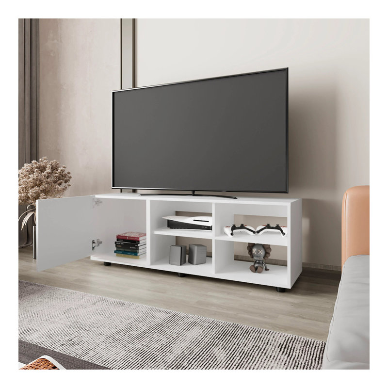 Meuble télé blanc avec porte et rangement ouvert, Blanc