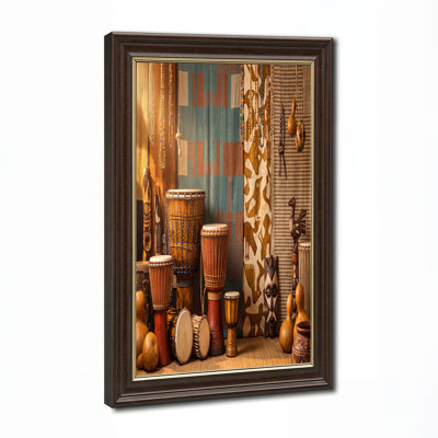 African Drums and Wooden Masks against Patterned Textiles Canvas Wall Art