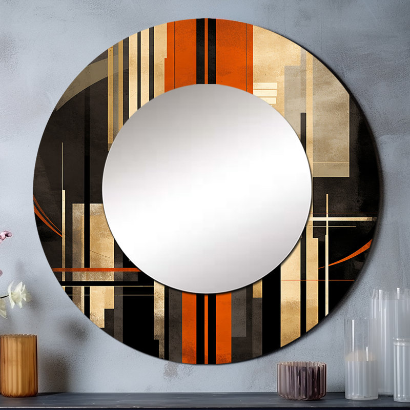 Vecteurs orange et gris I - miroir décoratif de formes abstraites, miroir mural rond moderne, impression d'art en métal