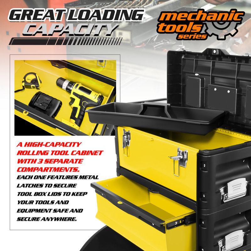3-In-1 Stackable Tool Box With Wheels, Rolling Hand Case Tool Box Trolley Chest Cabinet With Drawer, Yellow
