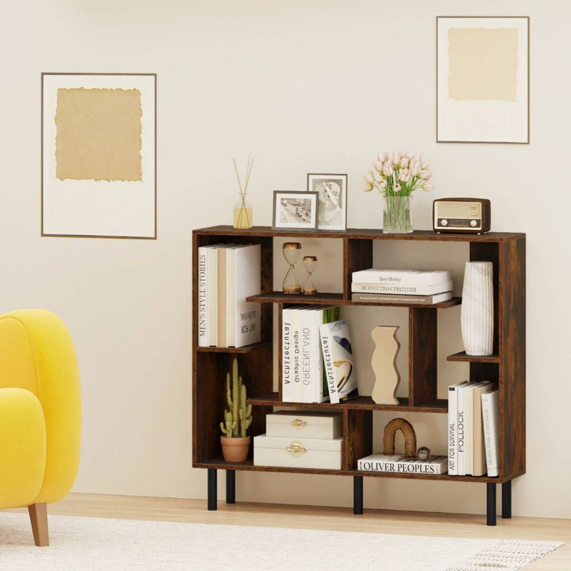 Open Bookshelf Modern Geometric Bookcase, Brown