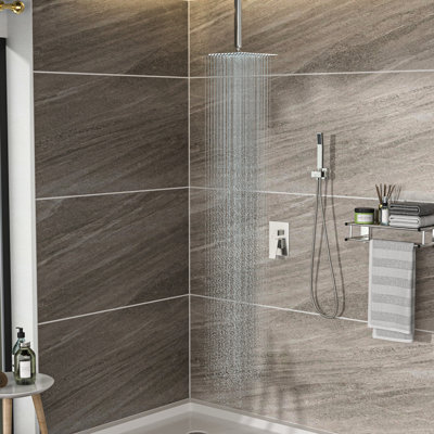 Brushed Nickel 16 Inch Dual Shower Head, Ceiling Mount Installation Square With