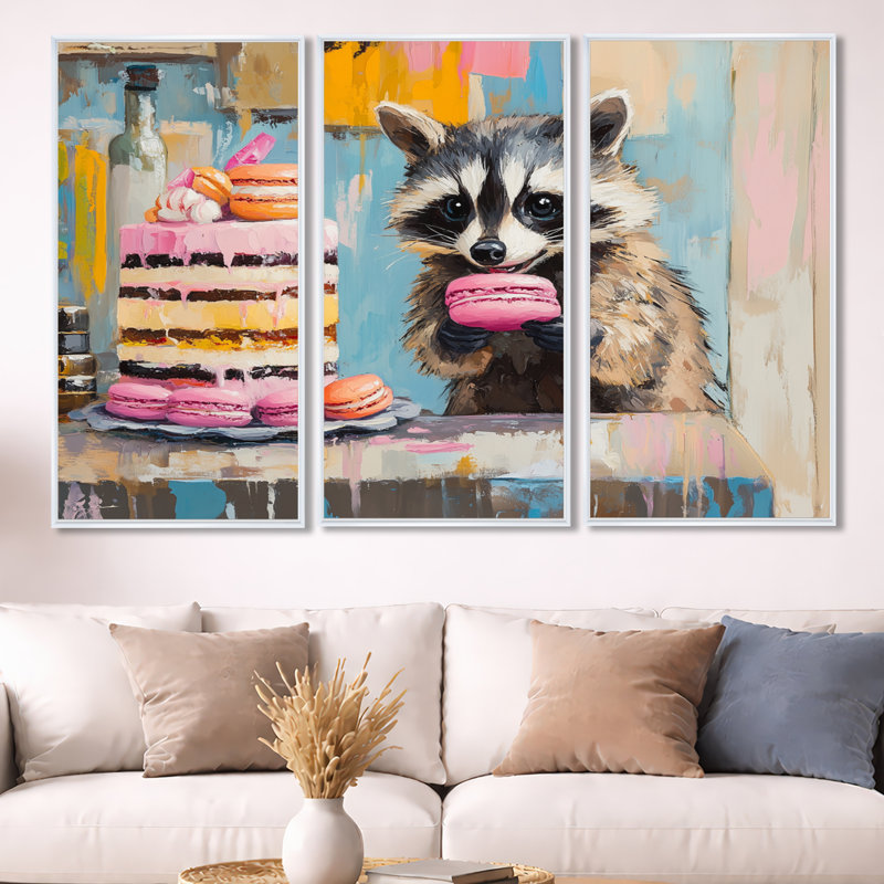 Sweet Macaron Bandit - Raton laveur, reproduction d'art sur toile 3 pièces, H 40 po x l 60 po, Cadre flottant blanc