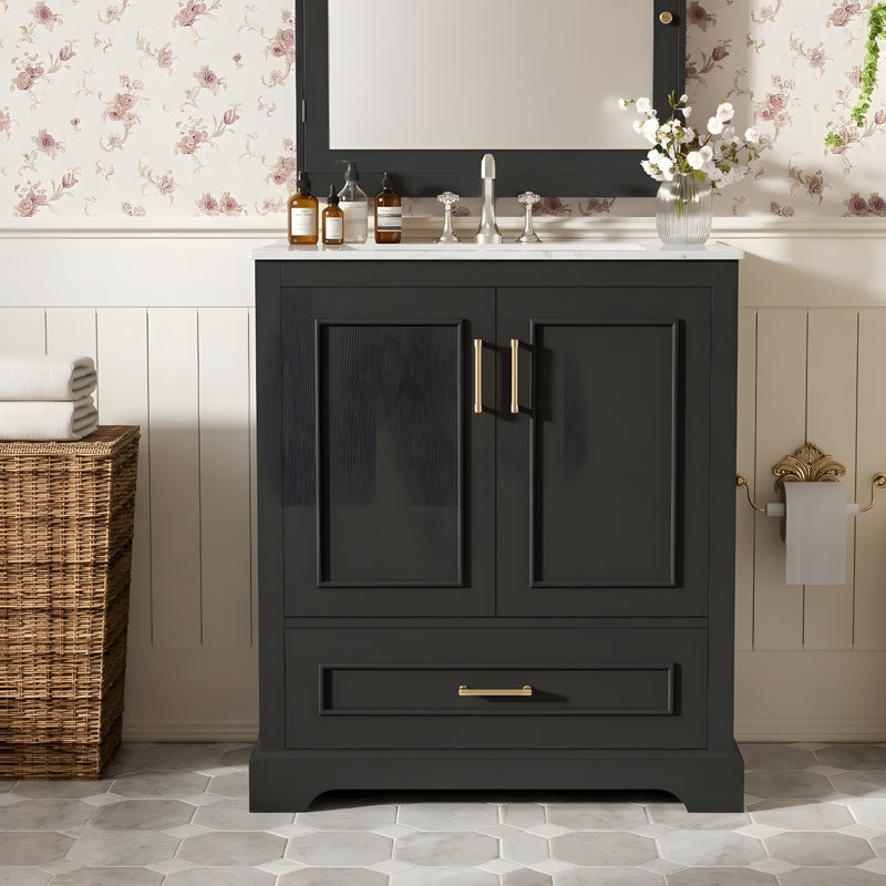 Meuble-lavabo moderne avec lavabo en céramique, Noir, 28"