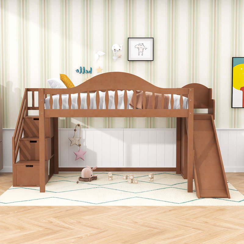 Lit mezzanine avec escalier de rangement, glissade, garde-robe intégrée et tablettes, Lit double, Noyer