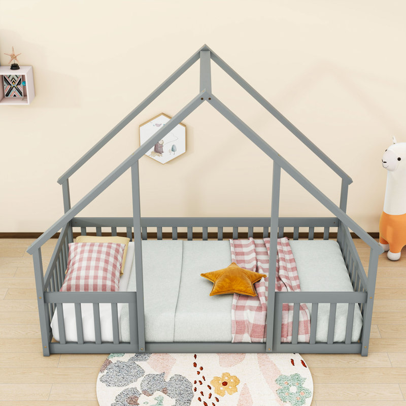 Wooden House Frame Floor Bed With Safety Guardrails, Gray, Twin