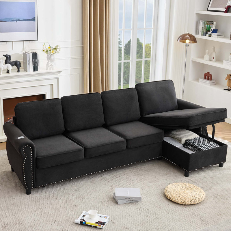 Canapé-lit modulaire en L avec charge sans fil et chaise de rangement, Noir
