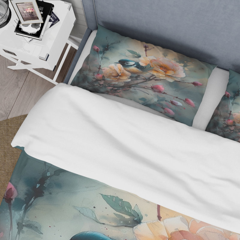 Ensemble de housse de couette en microfibre / polyester Blue Little Bird On Rose Tree Banch I