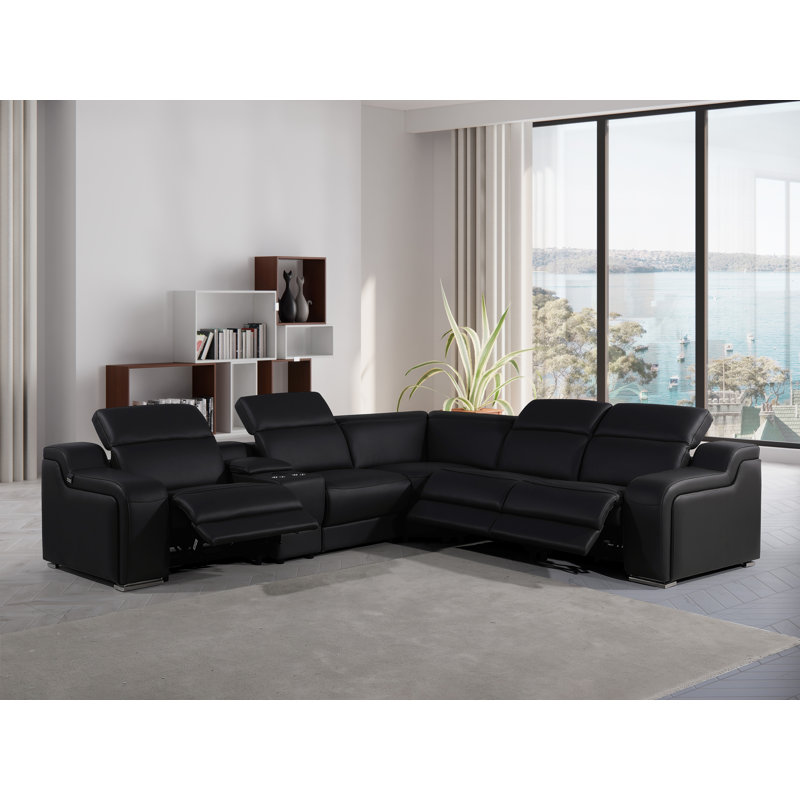 Stanya 6 - Piece Top Grain Italian Leather Power Reclining Sectional, Black Genuine Leather