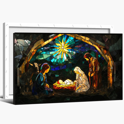 Large Nativity Scene Canvas Wall Art, Birth of Jesus Framed Poster, Mary Joseph & Baby Jesus Christmas Religious Artwork for Living Room Church Decor, Stained Glass Style Painting Picture Print, 24×36 Inches