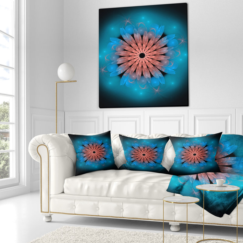 Fractale fleur turquoise florale - coussin imprimé floral, 18 po x 18 po, Coussin décoratif