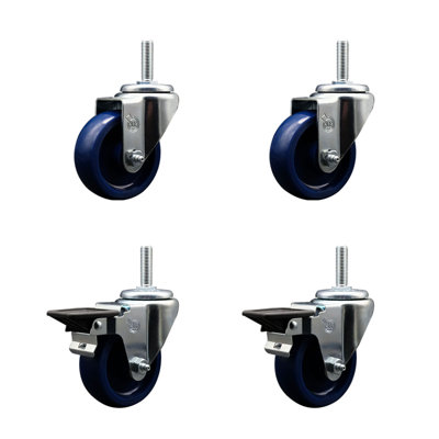 3.5 Inch_Solid Poly Wheel Swivel 5/8 Inch Threaded Stem Caster Set 2 Brakes
