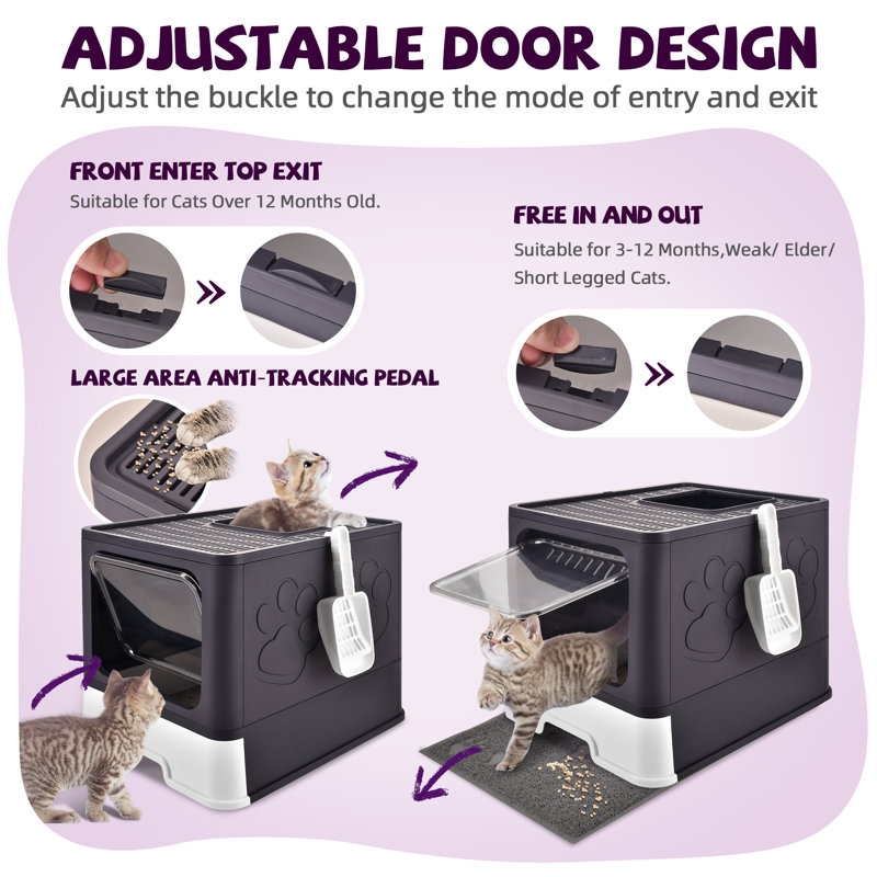 Très grand bac à litière pour chat avec tapis, bac à litière standard fermé en plastique, entrée et sortie à sens unique