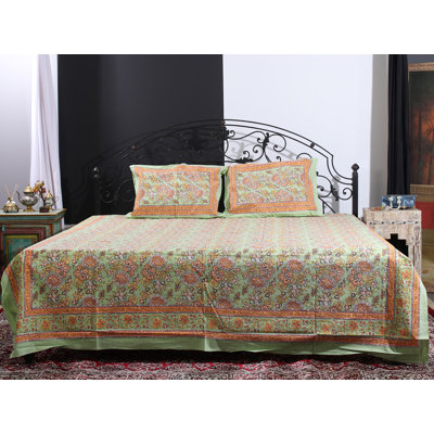 Ensemble de draps en coton vert menthe grand format - literie à imprimé botanique avec 2 housses de coussin, drap d'été doux et respirant