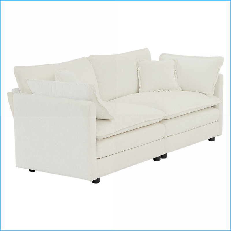 Canapés | Ensemble de canapé 3 pièces en chenille ivoire décontracté - 2 fauteuils + 2 sièges | pour le salon | Chêne blanc américain | Cabriole