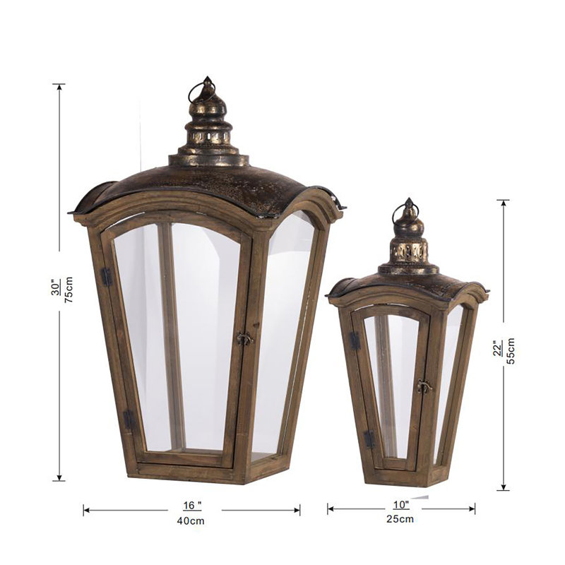 Lanterne de remise en bois et métal, 2 pièces, marron, style classique.