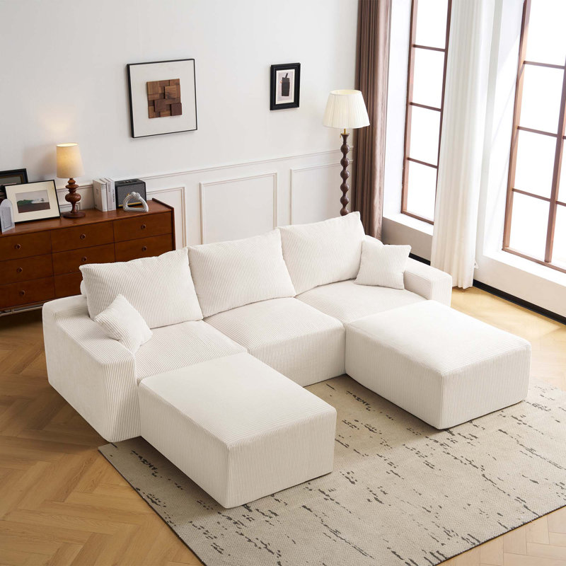Canapé modulaire 110 po à 3 places en velours côtelé à compression profonde, Velours côtelé beige