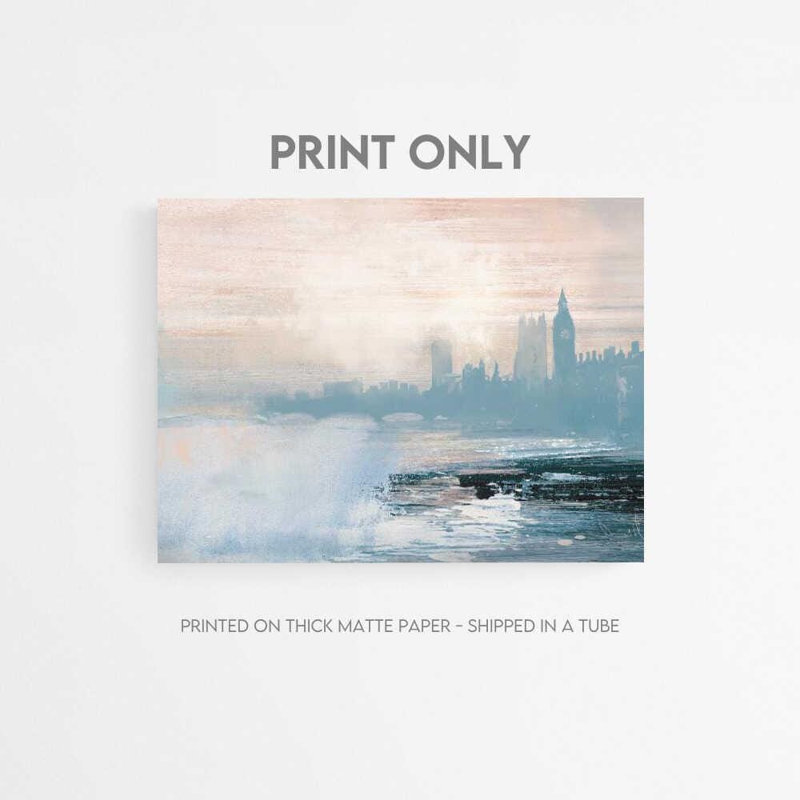 London Wall Art: Contemporary Misty Skyline - Encadré, H 30 po x l 40 po, Impression encadrée sans passe-partout, Blanc