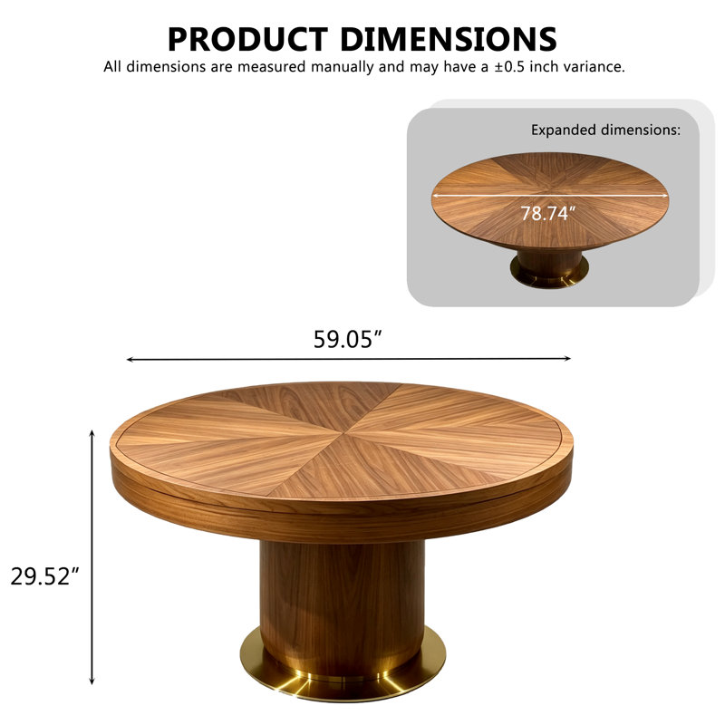 Table de salle à manger extensible en bois (150 à 200 cm) avec incrustation en forme d'étoile et pied central.