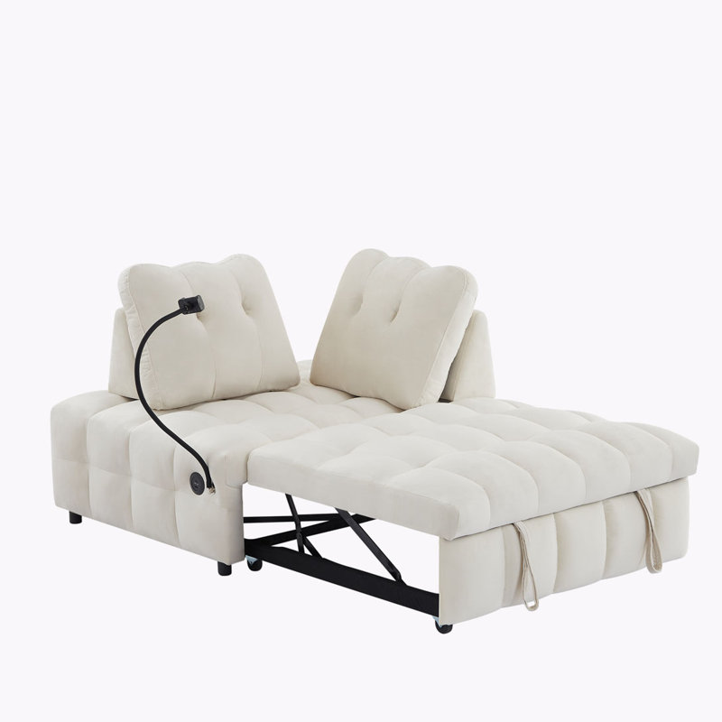 Canapé-lit moderne en velours avec dossier amovible amovible, port USB et support pour téléphone pivotant, Beige
