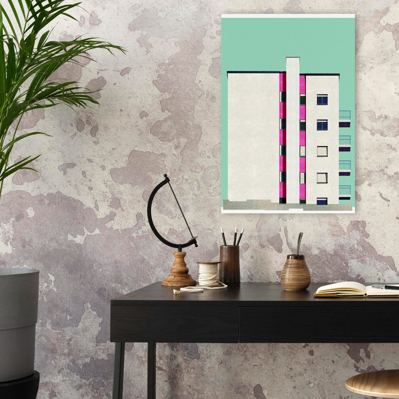 Art moderne, illustration de tours roses, H 24 po x l 16 po