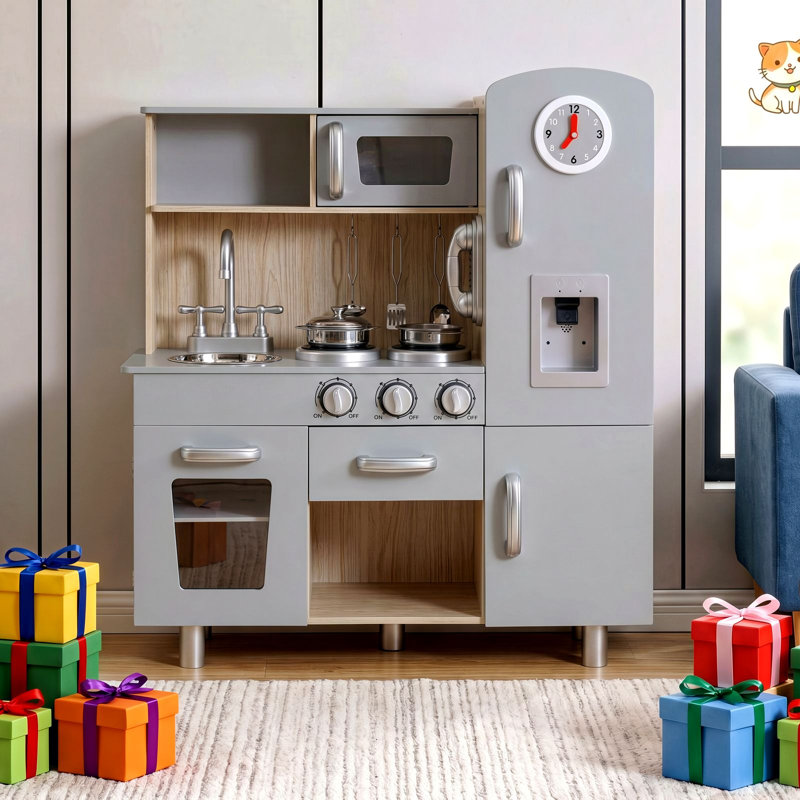 Role Play Wooden Kitchen Set for Kids, Modern Pretend Play Kitchen with Realistic Sounds & Storage, Complete Chef Toy for Toddlers & Preschoolers, Perfect Christmas Birthday Gift