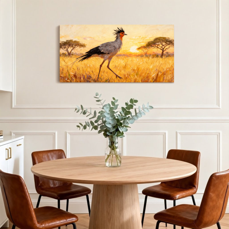 Animaux, coucher de soleil, savane, marche d'oiseaux, reproduction d'art, H 16 po x l 32 po