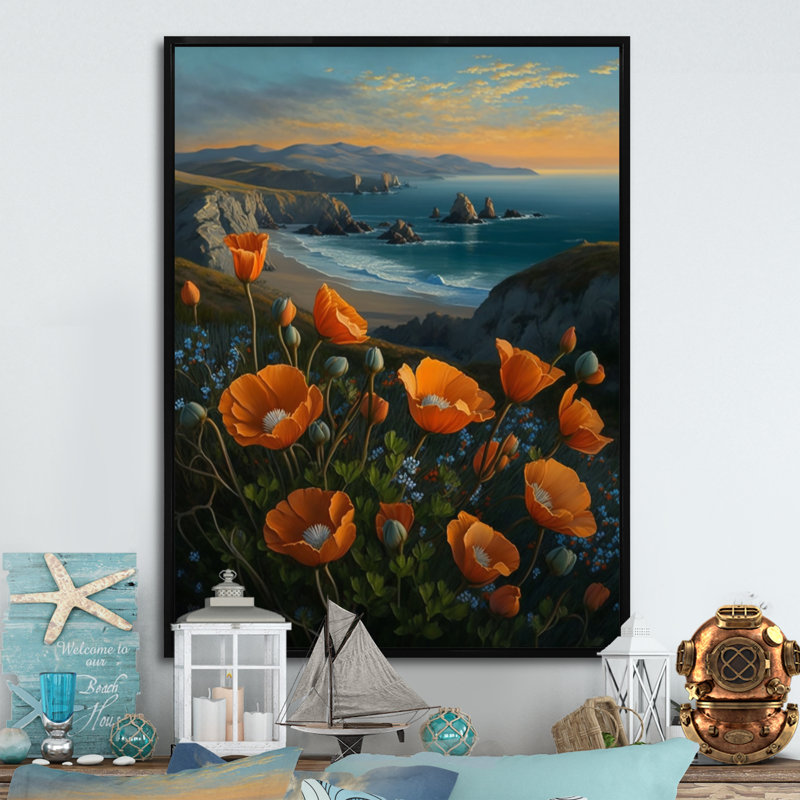 Fleurs orange par la côte I - reproduction sur toile, L 30 po x H 40 po, Toile avec cadre flottant noir