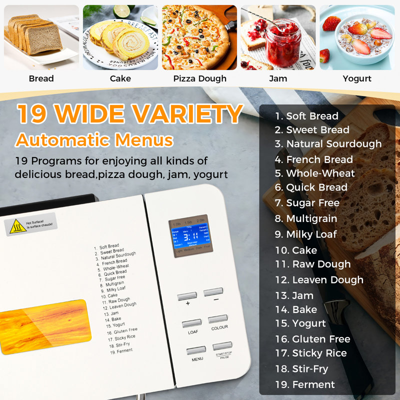 KBS 19-in-1 2LB Bread Maker Machine with Dual Heaters& Auto Nut Dispenser,Ceramic Pan with 2 kneading paddle Model#013A