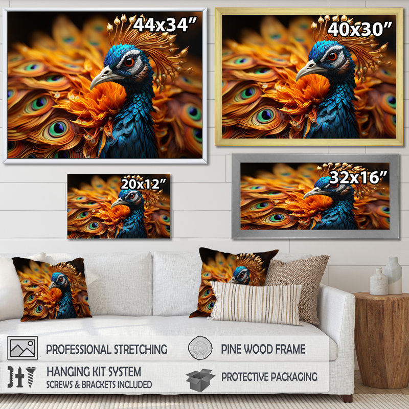 Gros plan sur un paon - animaux, impressions sur toile, H 30 po x l 40 po x P 1,5 po, Cadre flottant doré