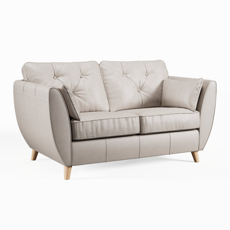 Marylin 2 Seater Leather Tufted Sofa, Cloud Grey, Light Wood
