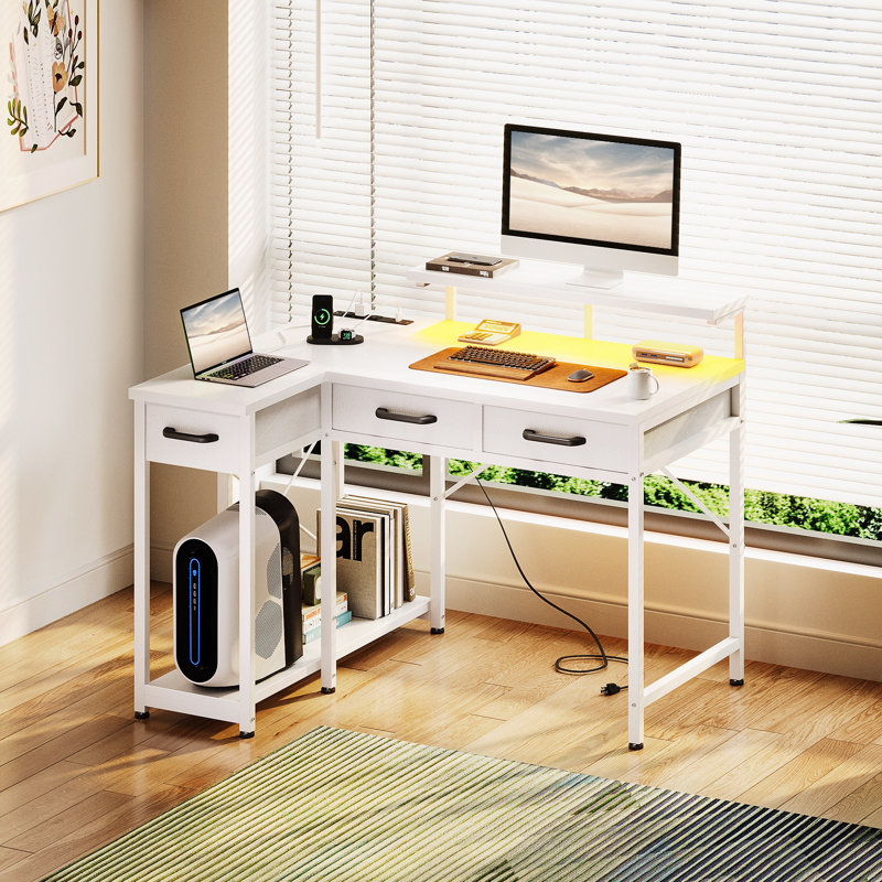 Reversible Desk With Monitor Shelf, L-shaped Desk With 3-tier Under-desk Drawers, Computer Desk With Led Light Strips, Writing Desk With Cpu Stand, Home Office Desk With Recessed Power Outlet