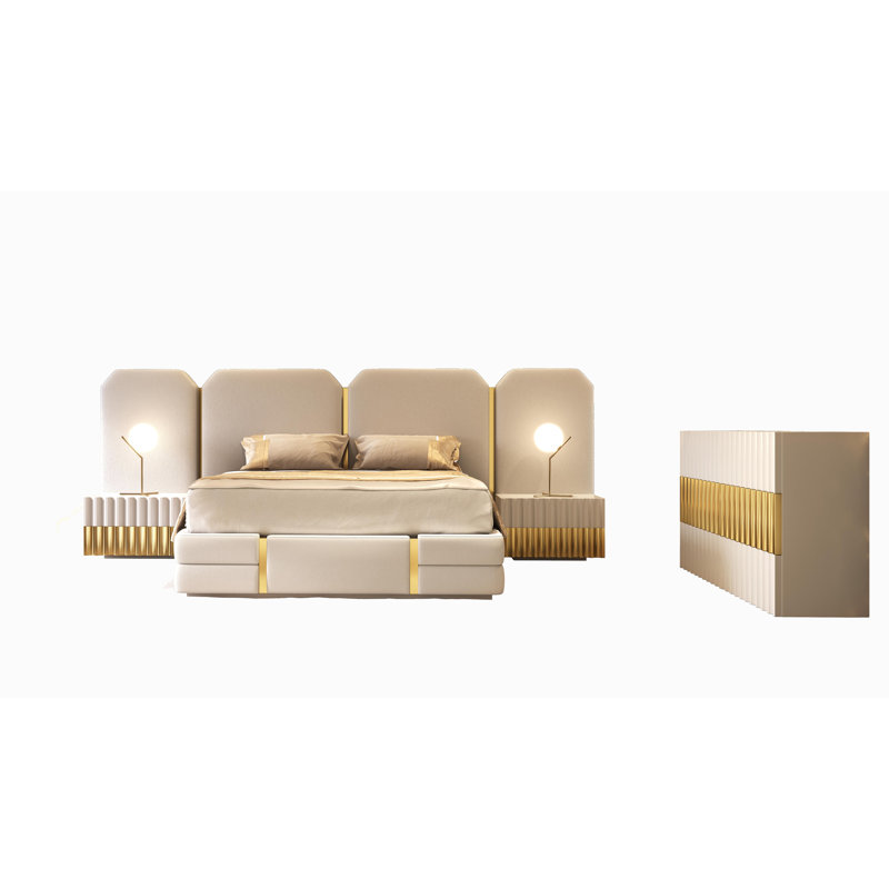 4 Piece Upholstered Faux Leather Bedroom Set, 4 Pcs: Dresser, Bed, 2 Nightstands, Queen