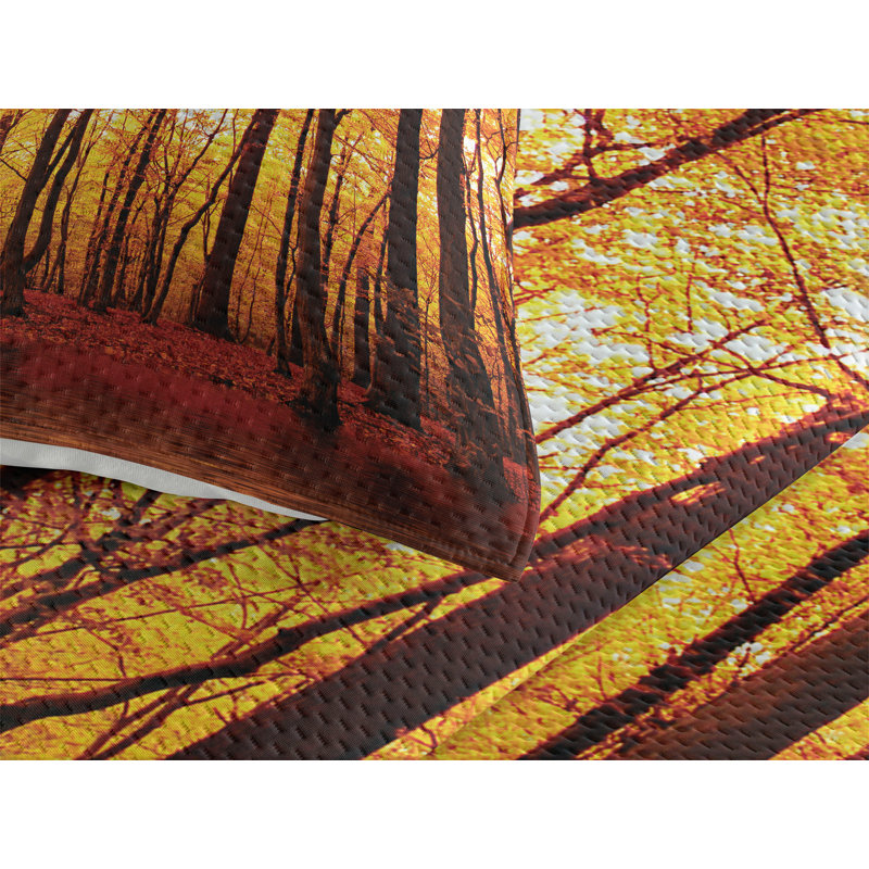 King Size Autumn Forest Quilted Bedspread Set in Brown and Orange