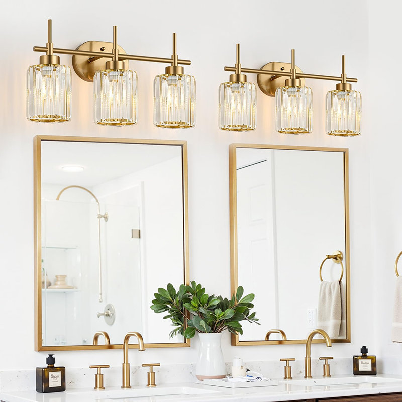 3-Light Modern Crystal Bathroom Vanity Light, Clear Glass Shade Over Mirror Wall Lighting Fixture, Brushed Gold