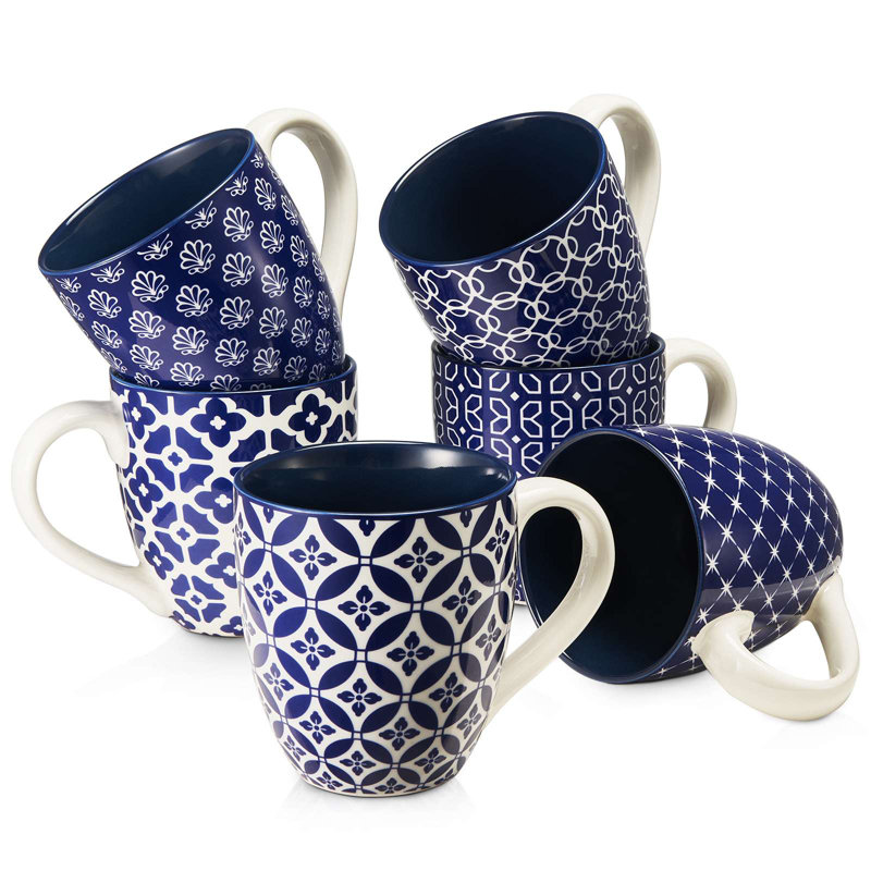 Ensemble de tasses d'inspiration japonaise 16 oz - 6 pièces en porcelaine bleu de cobalt