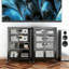 Armoire de rangement multimédia haute de 35,8 po avec roulettes, meuble télé stéréo AV avec 4 tablettes et porte réglables en verre, structure en acier robuste pour le salon, assemblage facile