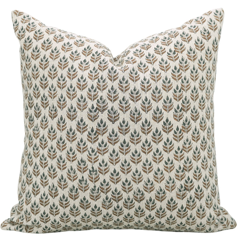Taie d'oreiller boho en tissu imprimé à la main Fabividine, 14" H x 14" W, Green/Beige Floral 3, Rectangulaire