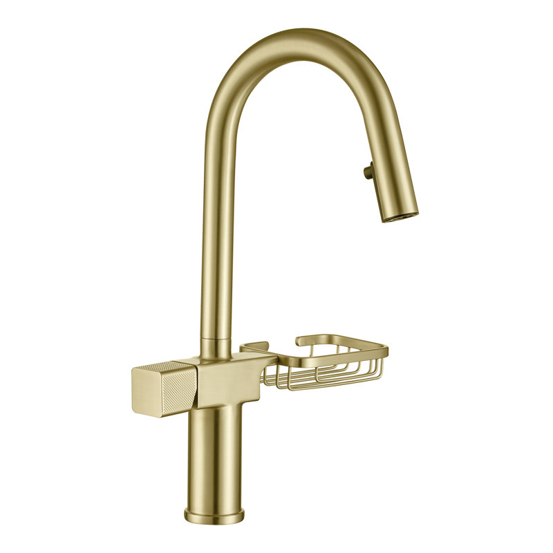 Topcraft Single-Hole Single-Handle Pull-Down Kitchen Faucet With Storage Basket, Brushed Gold